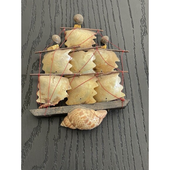 Handmade Mini Decoraive FolkArt Nautical Scallop & Sea Shell Sailing Ship Statue - Picture 1 of 4